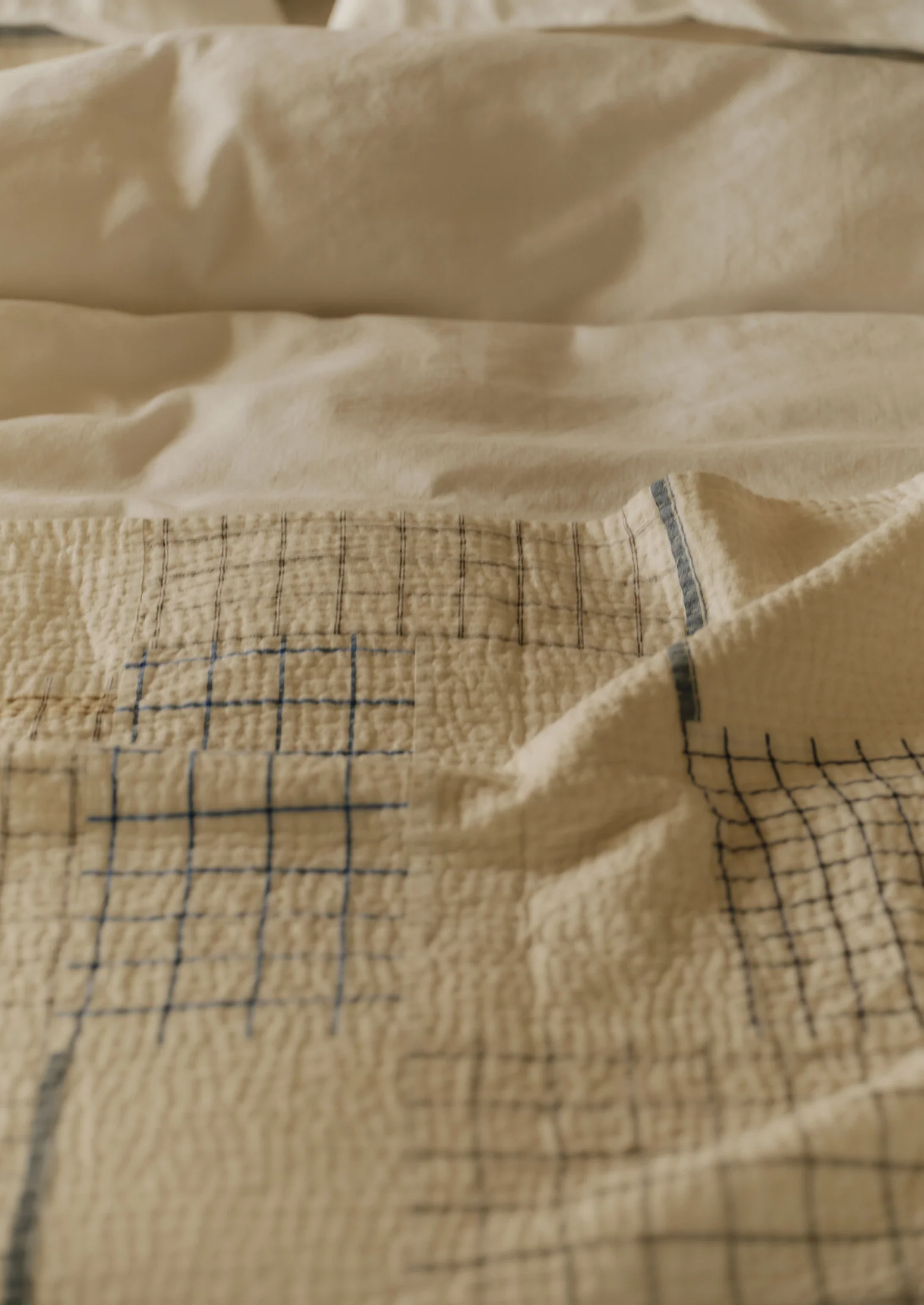 Tea Towel Check Patchwork Bedspread | Ecru/Multi - Image 3